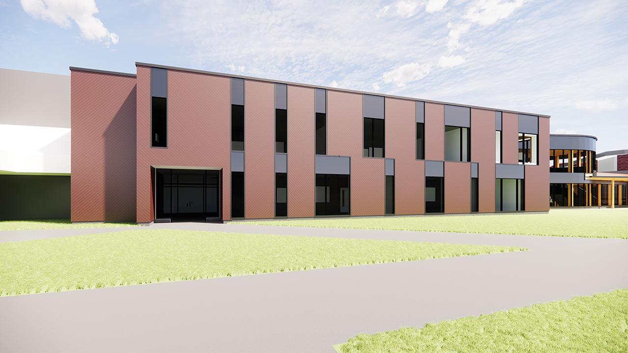 Southwest exterior view (rendering)